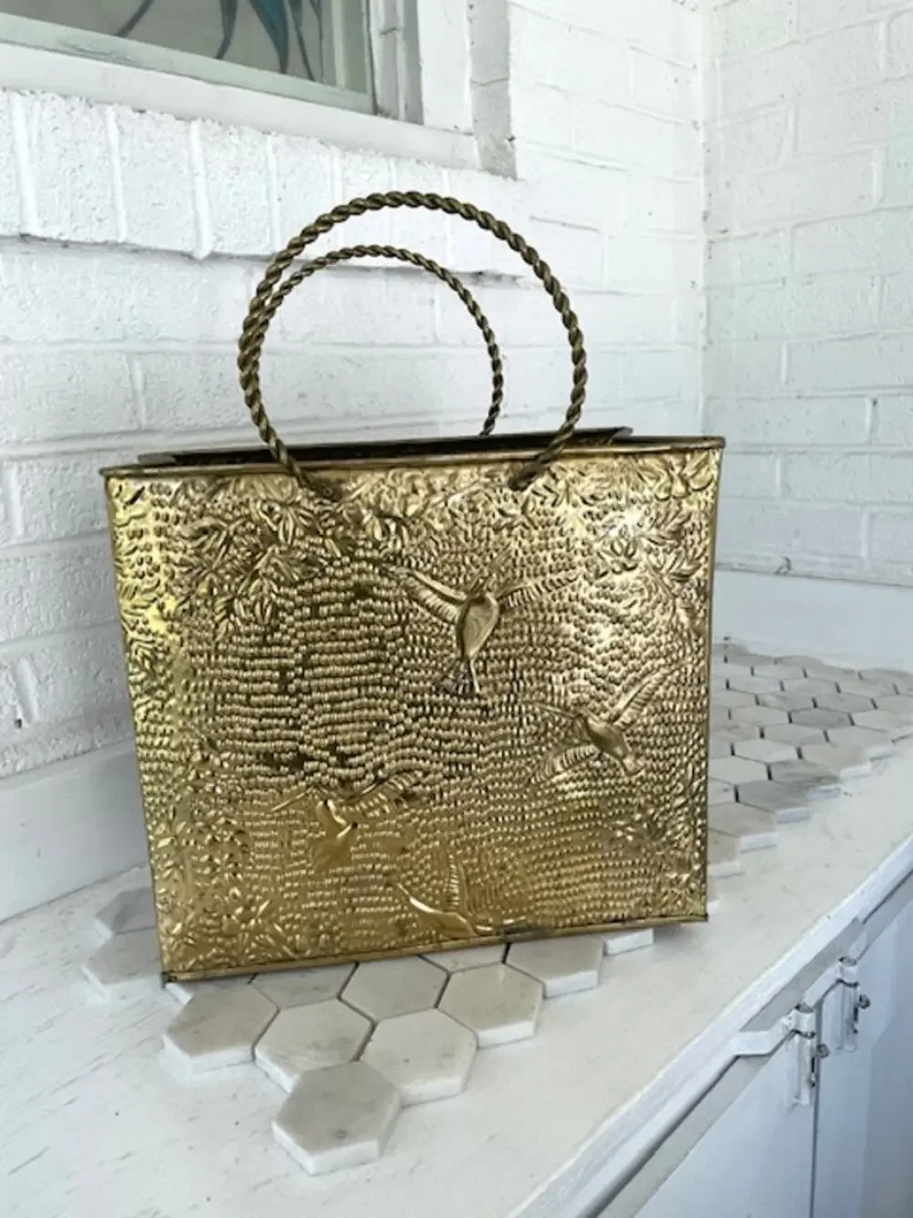 Vintage Embossed Brass Magazine Rack Hummingbird Floral Twisted Handles